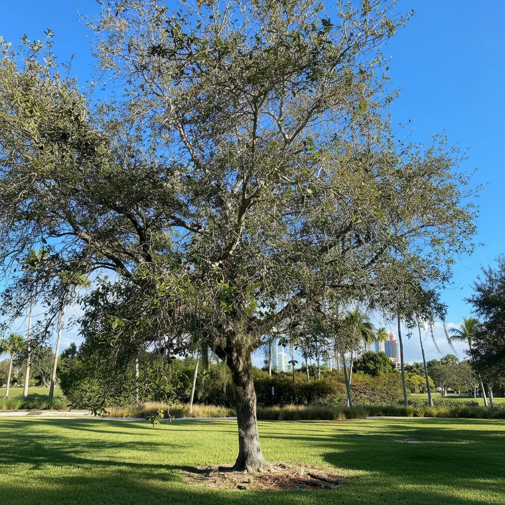 A Southern live oak in a Miami park with royal palms and the city skyline behind it